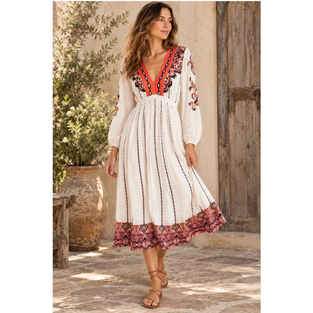 Sundance Amrita Story Dress XS White Embroidered Boho Midi Coastal Romantic